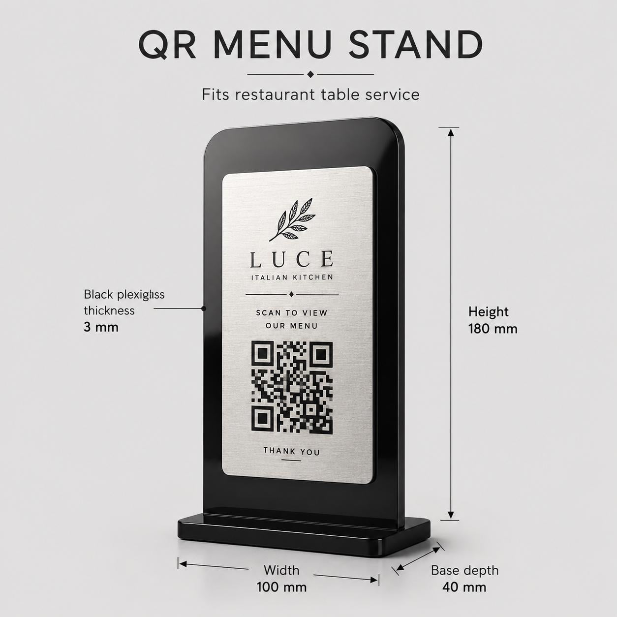 Supporto QR Code da tavolo in plexiglas nero con targhetta acciaio ottone o bianco incisa per ristorante bar hotel