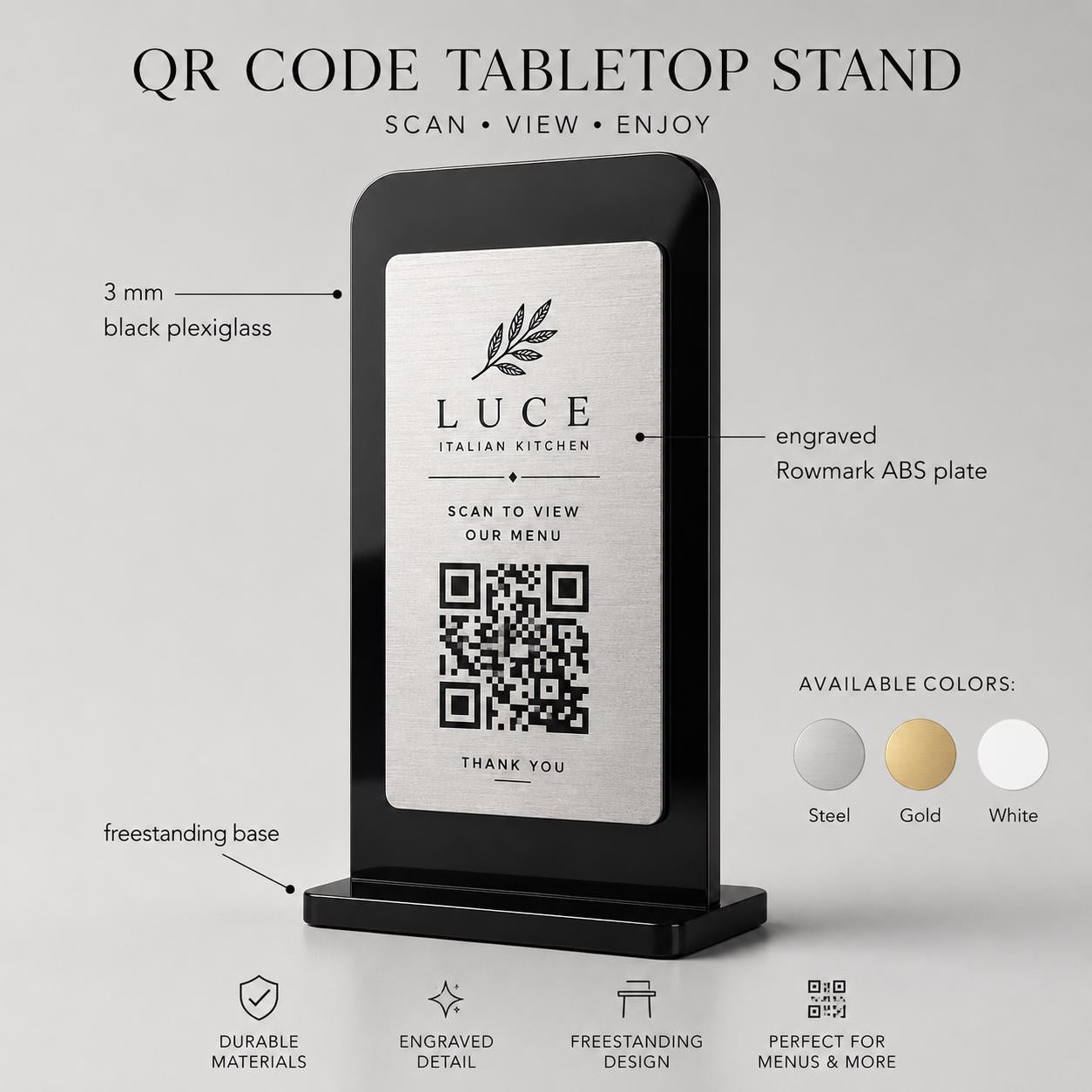 Supporto QR Code da tavolo in plexiglas nero con targhetta acciaio ottone o bianco incisa per ristorante bar hotel