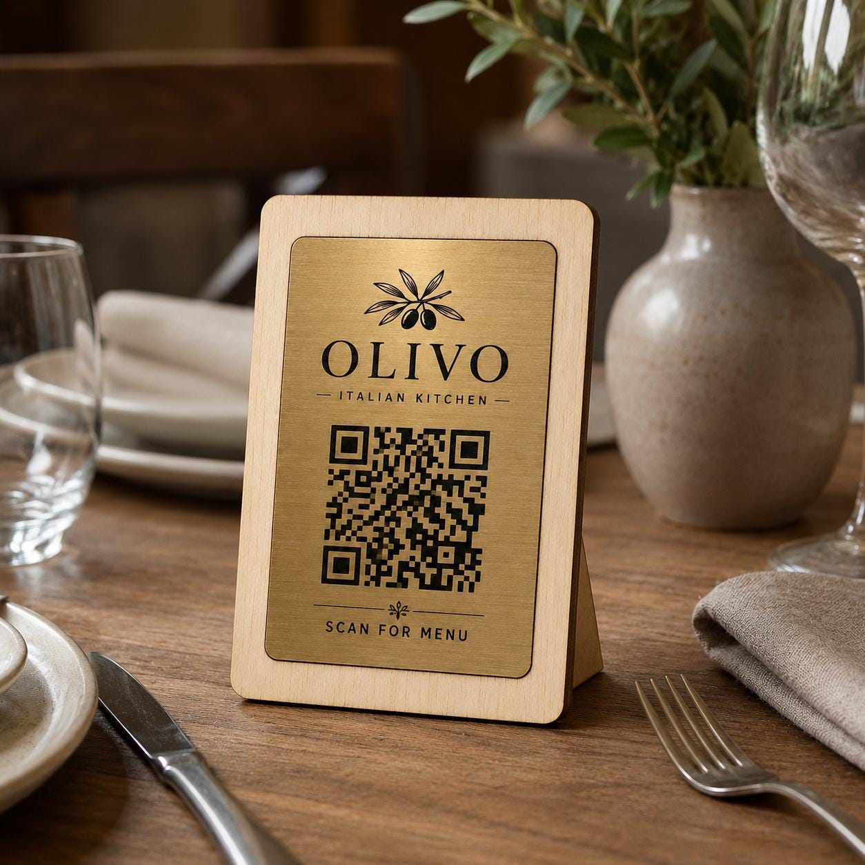 Supporto QR Code da tavolo in plexiglas nero con targhetta ottone o bianco incisa per ristorante bar hotel