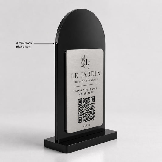Supporto QR Code da tavolo in plexiglas nero con targhetta ottone o bianco incisa per ristorante bar hotel