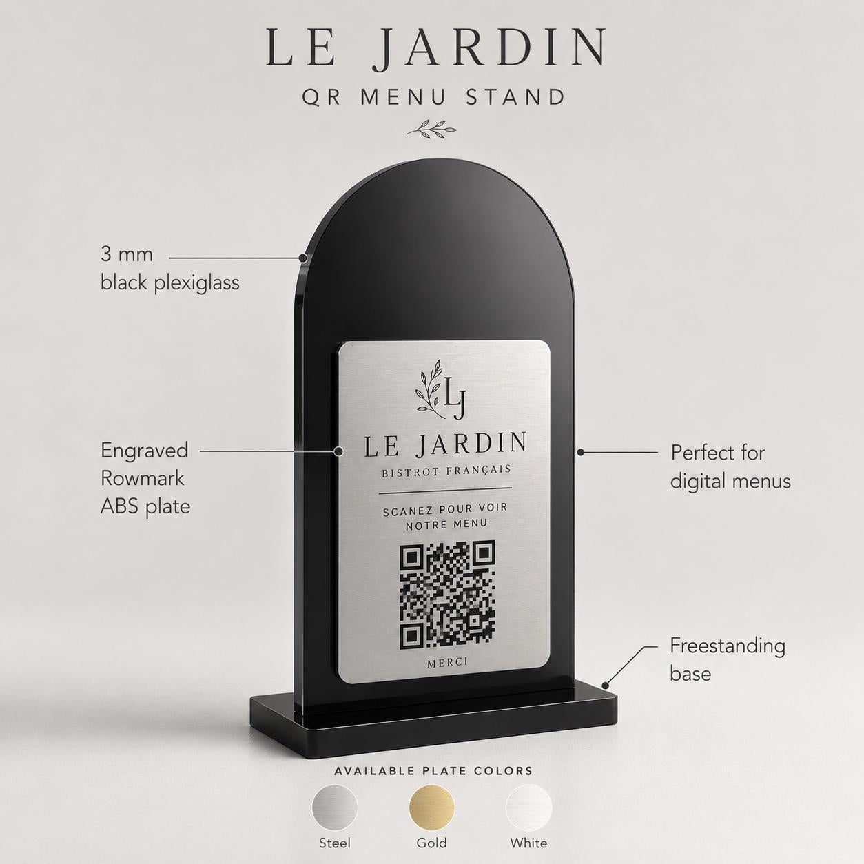 Supporto QR Code da tavolo in plexiglas nero con targhetta ottone o bianco incisa per ristorante bar hotel