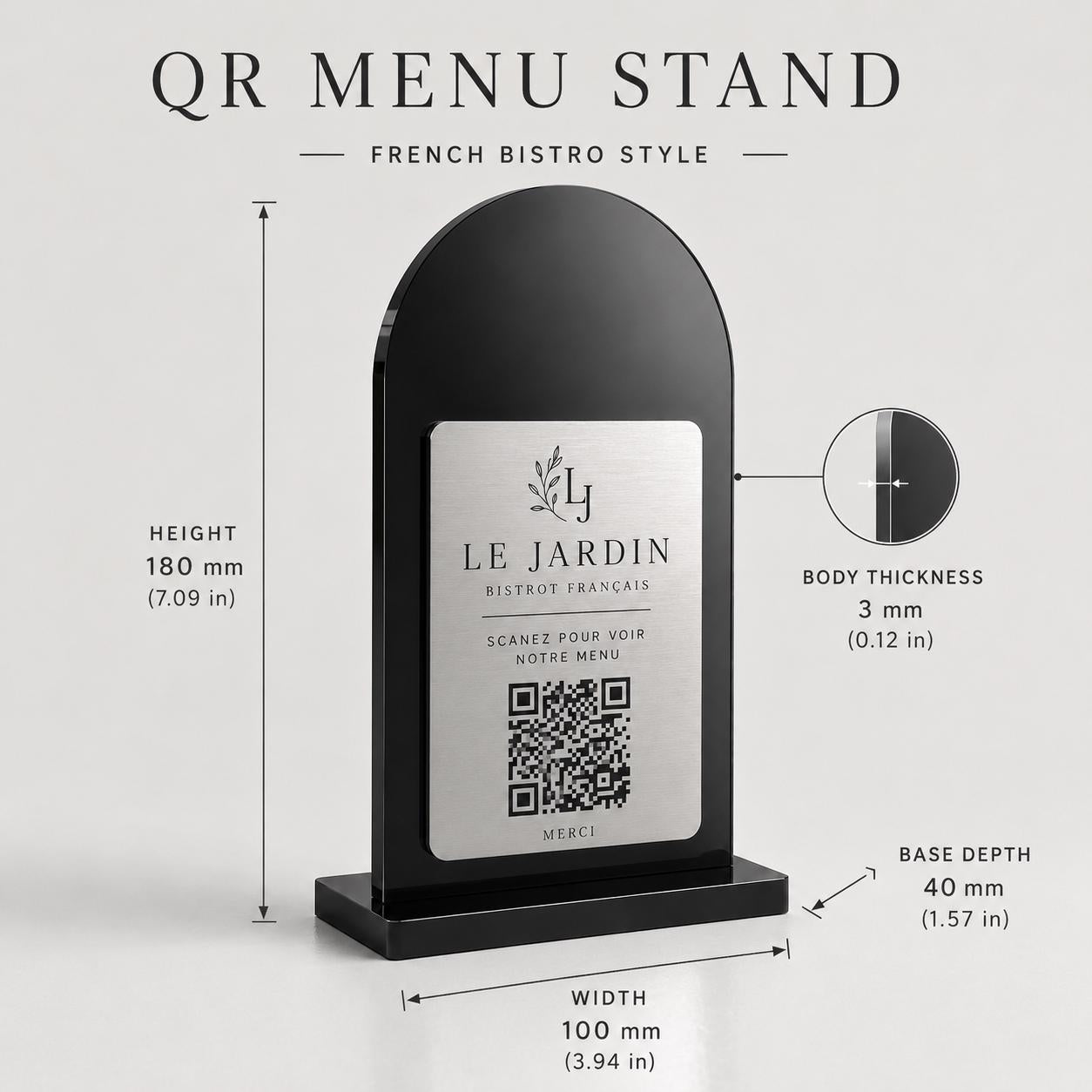 Supporto QR Code da tavolo in plexiglas nero con targhetta ottone o bianco incisa per ristorante bar hotel