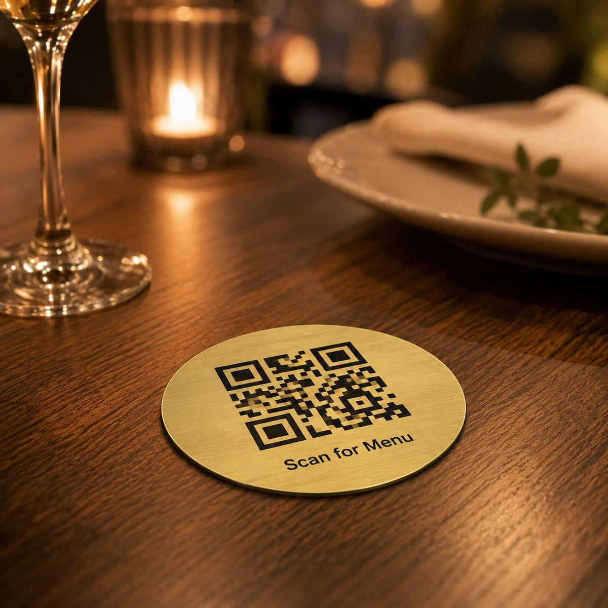 etichetta qr code rotonda codice QR per menu contactless - Ristoranti, hotel, bar - Collegamento a Instagram, Facebook, acciaio abs