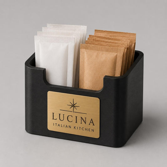 Porta bustine zucchero e tè personalizzato in stampa 3D con targhetta incisa al laser per hotel, bar ristoranti in plastica
