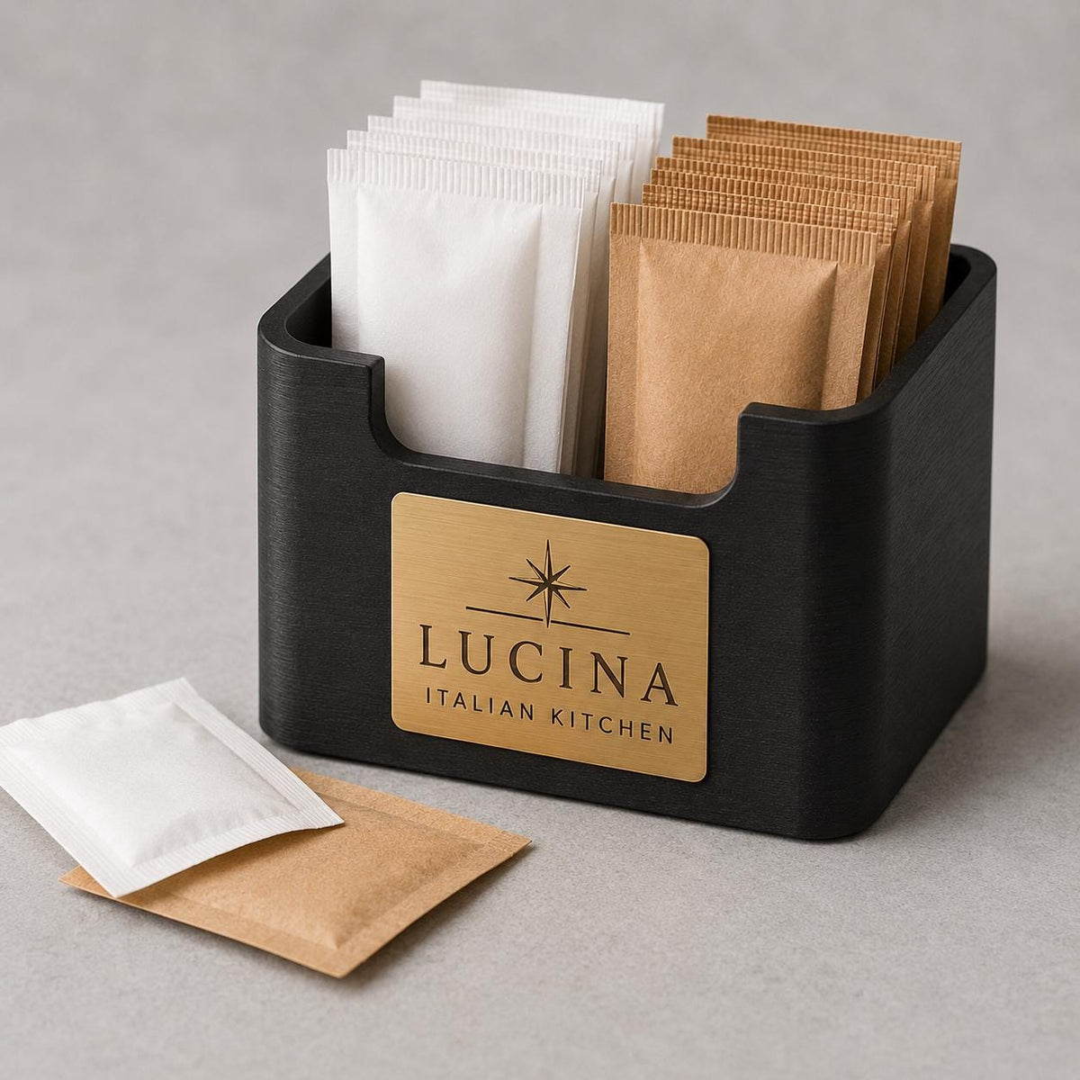 Porta bustine zucchero e tè personalizzato in stampa 3D con targhetta incisa al laser per hotel, bar ristoranti in plastica