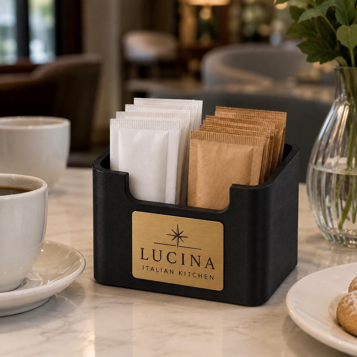 Porta bustine zucchero e tè personalizzato in stampa 3D con targhetta incisa al laser per hotel, bar ristoranti in plastica
