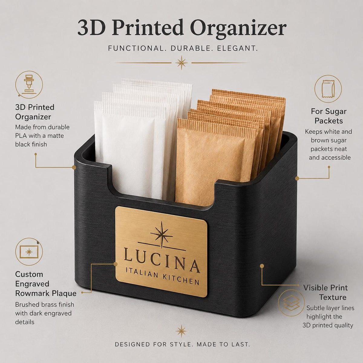 Porta bustine zucchero e tè personalizzato in stampa 3D con targhetta incisa al laser per hotel, bar ristoranti in plastica