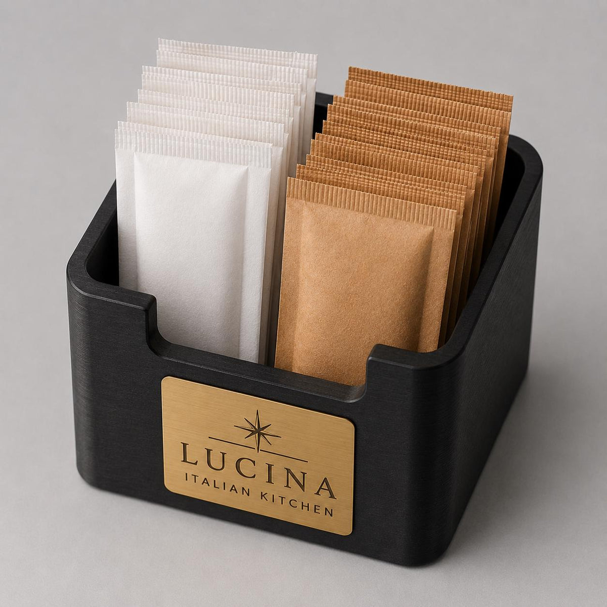 Porta bustine zucchero e tè personalizzato in stampa 3D con targhetta incisa al laser per hotel, bar ristoranti in plastica