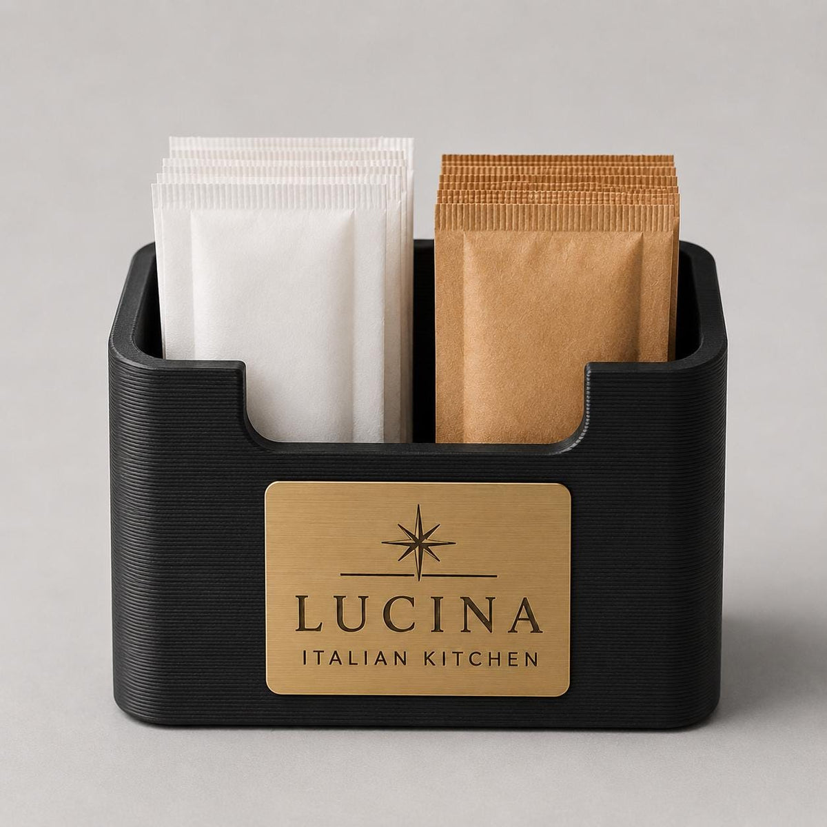Porta bustine zucchero e tè personalizzato in stampa 3D con targhetta incisa al laser per hotel, bar ristoranti in plastica