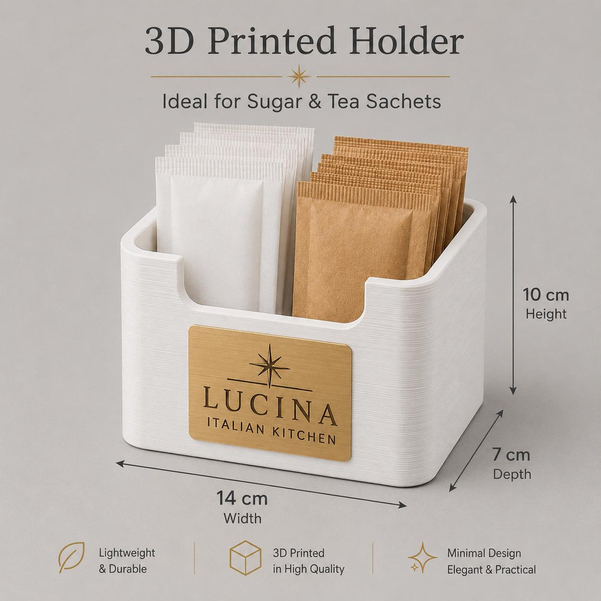 Porta bustine zucchero e tè personalizzato in stampa 3D con targhetta incisa al laser per hotel, bar ristoranti in plastica