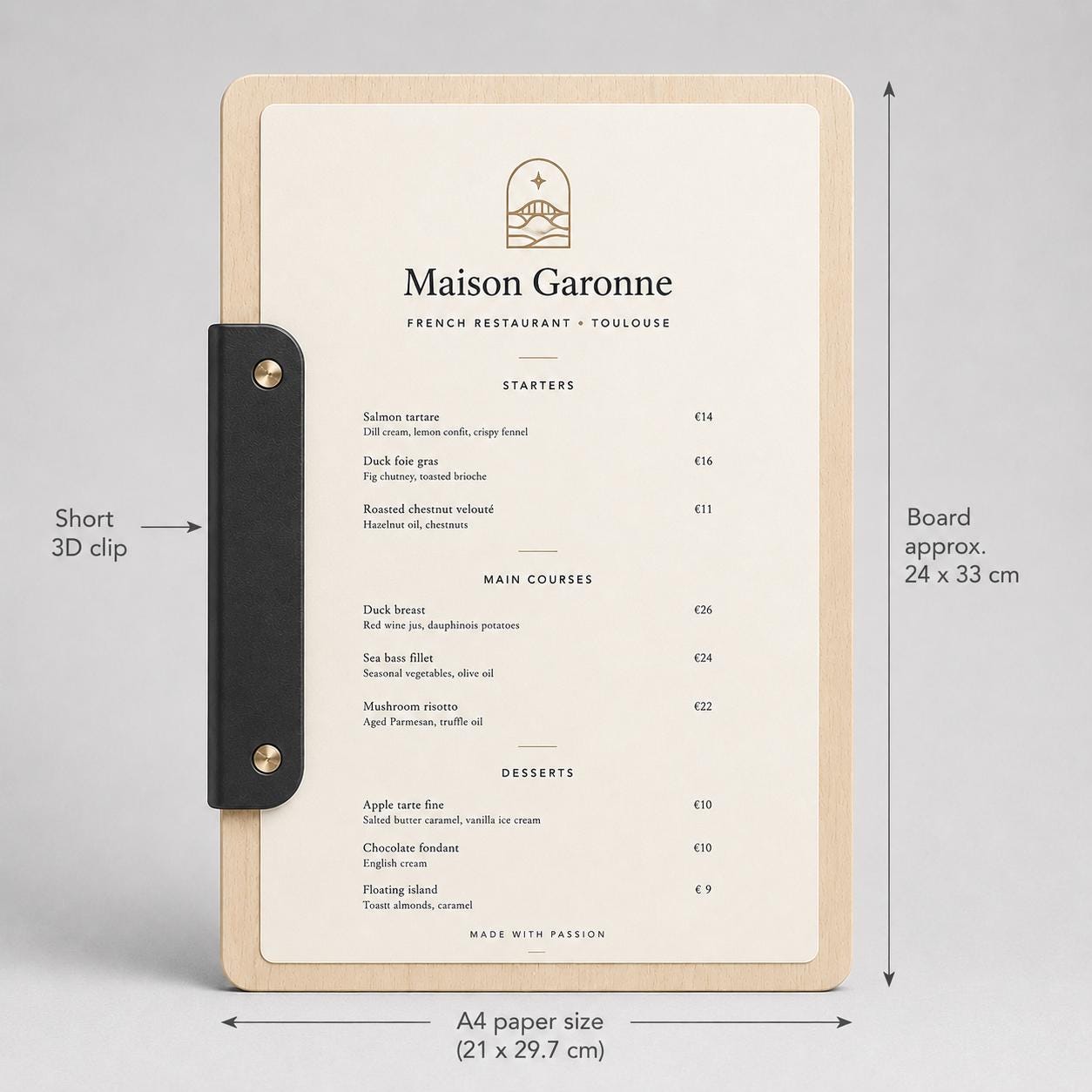 Portamenu a bacchetta moderno Formato A4 Tavoletta per Ristorante Pizzeria e Trattoria, Personalizzato Incisione Logo