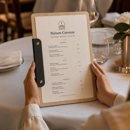 Portamenu a bacchetta moderno Formato A4 Tavoletta per Ristorante Pizzeria e Trattoria, Personalizzato Incisione Logo
