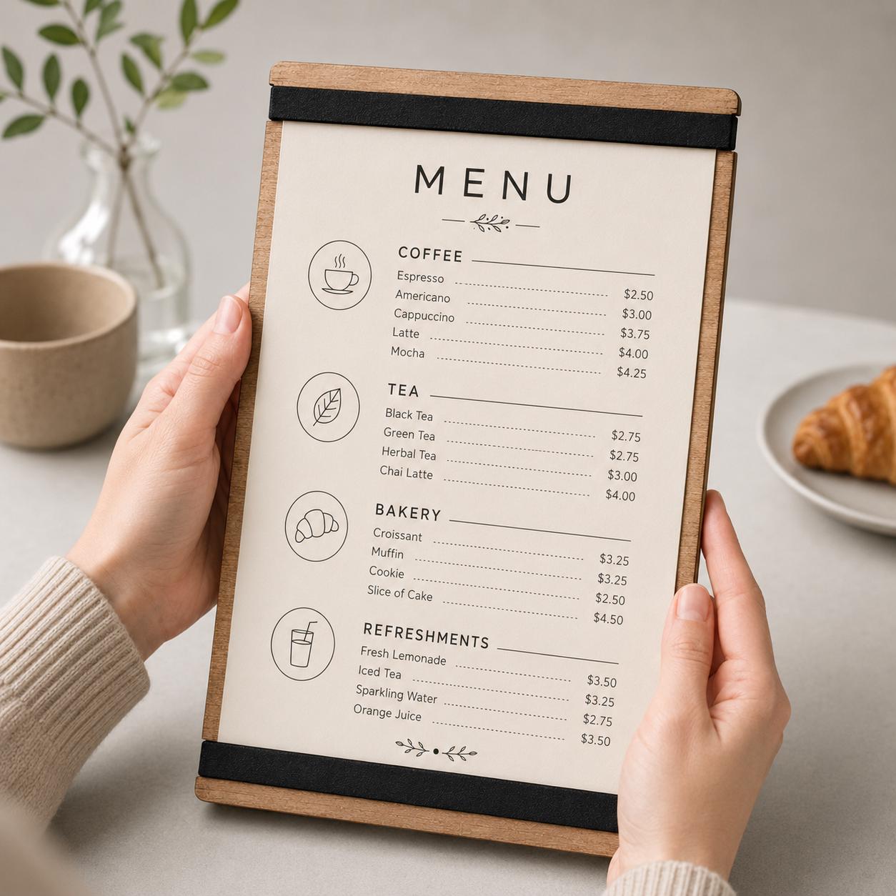 portamenu con elastico A4 in legno scuro per fogli supporto menu inciso, cartella menu ristorante, pannello menu, libro menu, copertina menu