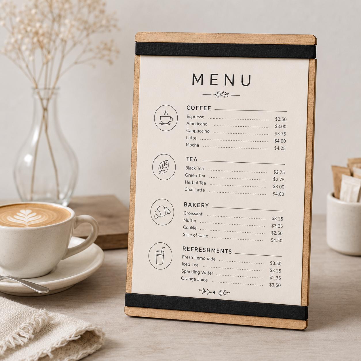 portamenu con elastico A4 in legno scuro per fogli supporto menu inciso, cartella menu ristorante, pannello menu, libro menu, copertina menu