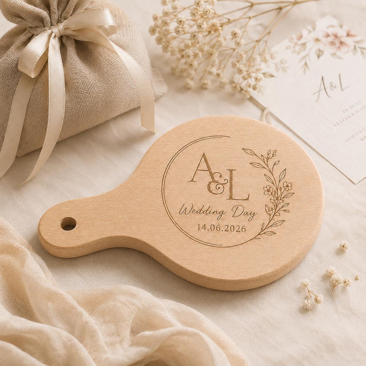 Mini tagliere rotondo con manico personalizzato per matrimonio