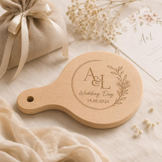 Mini tagliere rotondo con manico personalizzato per matrimonio