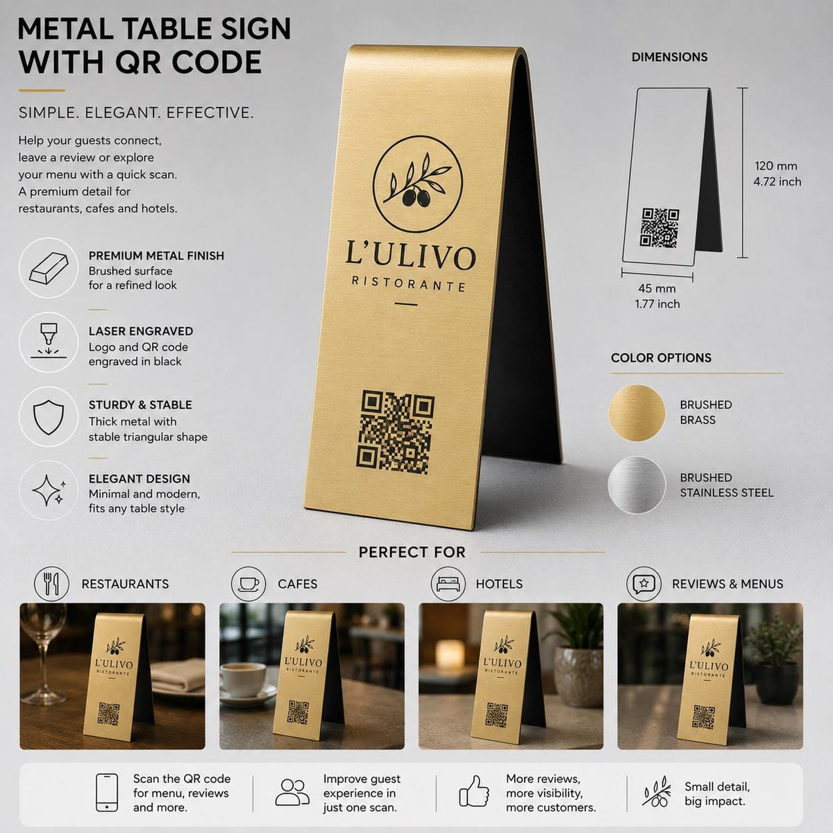 Espositore QR Code piegato da Tavolo Oro Spazzolato Personalizzato, Portamenu a Cavalletto con Logo Inciso Laser, Segnatavolo per Ristorante