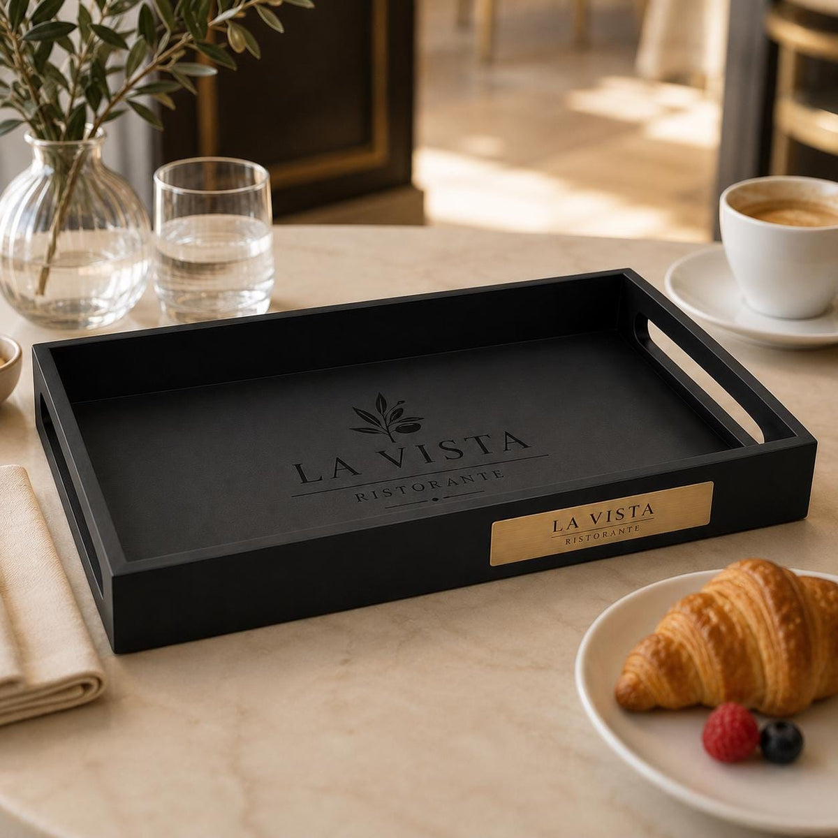 Vassoio rettangolare 40x30x6cm MDF nero personalizzato con incisione laser e targhetta in acciaio o ottone spazzolato per hotel, bar