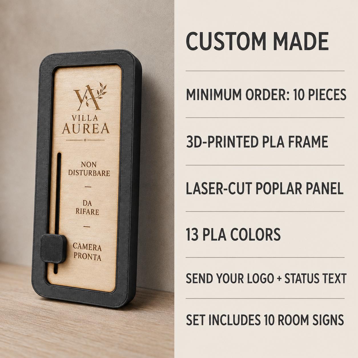 Set da 10 Segnalatori Stato Camera Hotel Personalizzati | Non Disturbare, Da Rifare, Camera Pronta | Legno e Stampa 3D