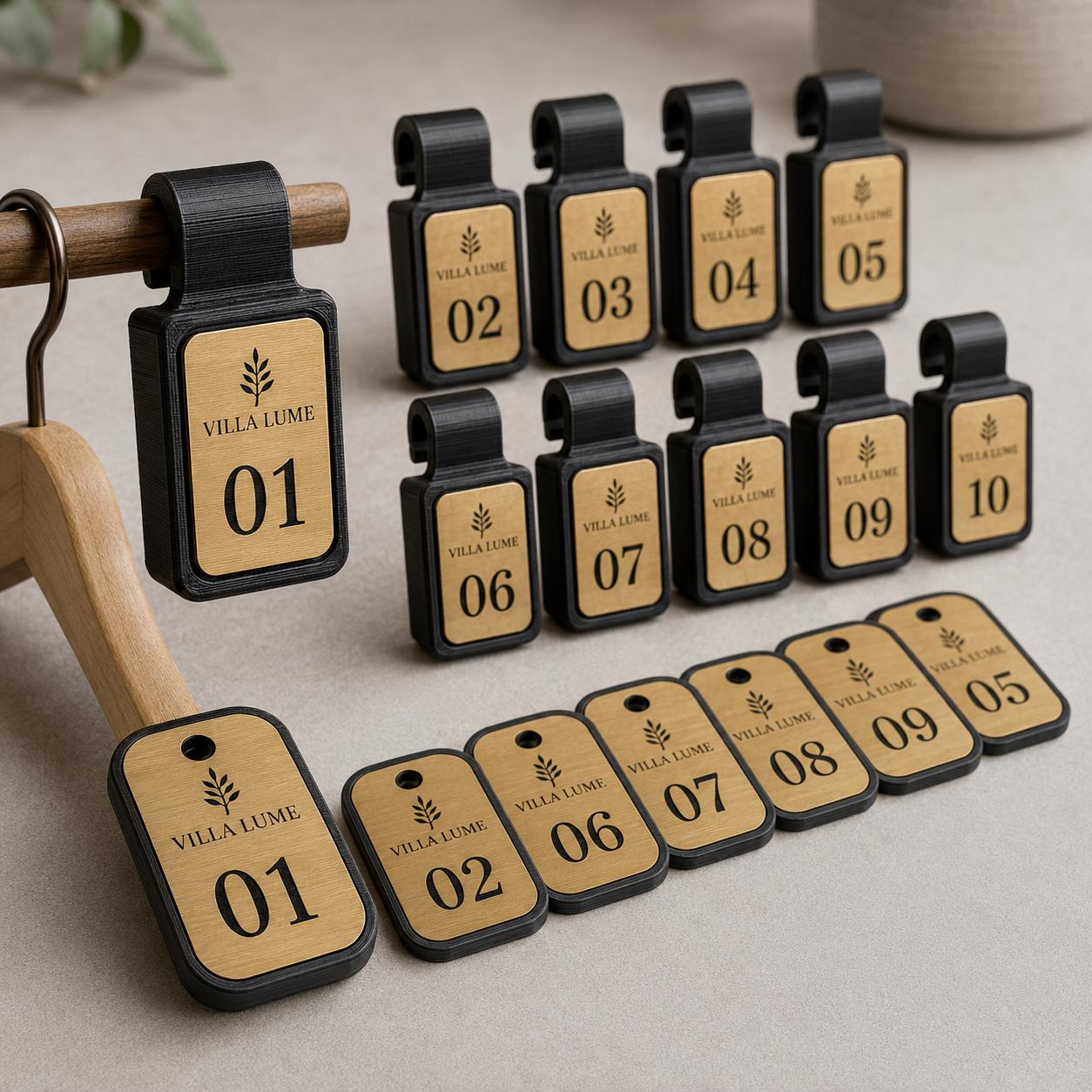Set da 10 Coppie Numerate Guardaroba Personalizzate | Gettoni e Clip in PLA e Rowmark per Hotel e Ristoranti