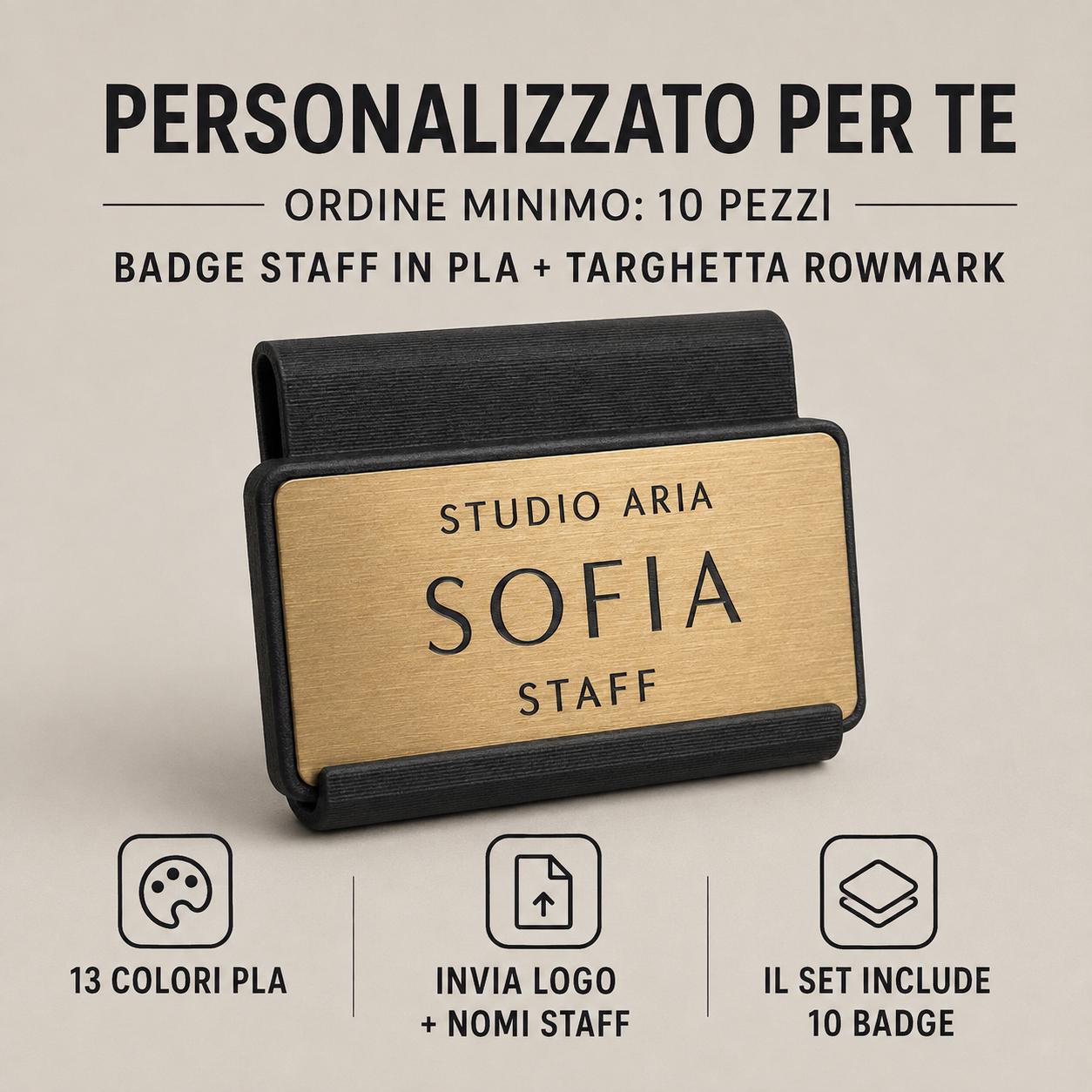 Set da 10 Badge Staff Personalizzati | Clip da Grembiule in PLA e Rowmark per Spa e Locali