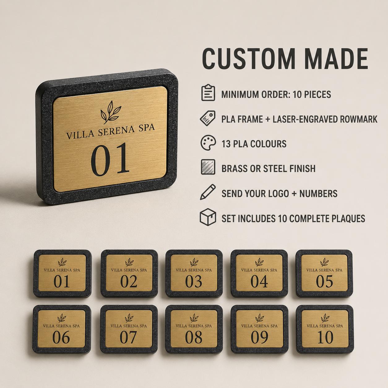 Set da 10 Targhette Numerate per Armadietti Personalizzate | Cornici PLA e Rowmark per Spa e Hotel