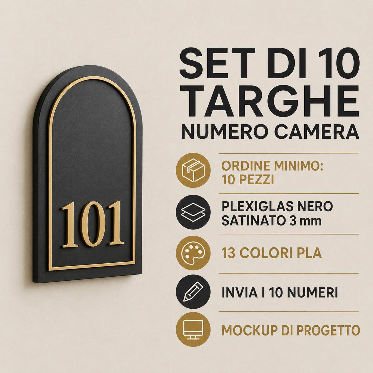 Set da 10 Targhe Numero Camera Personalizzate | Plexiglas Nero Satinato e Numeri 3D in PLA per Hotel e B&B