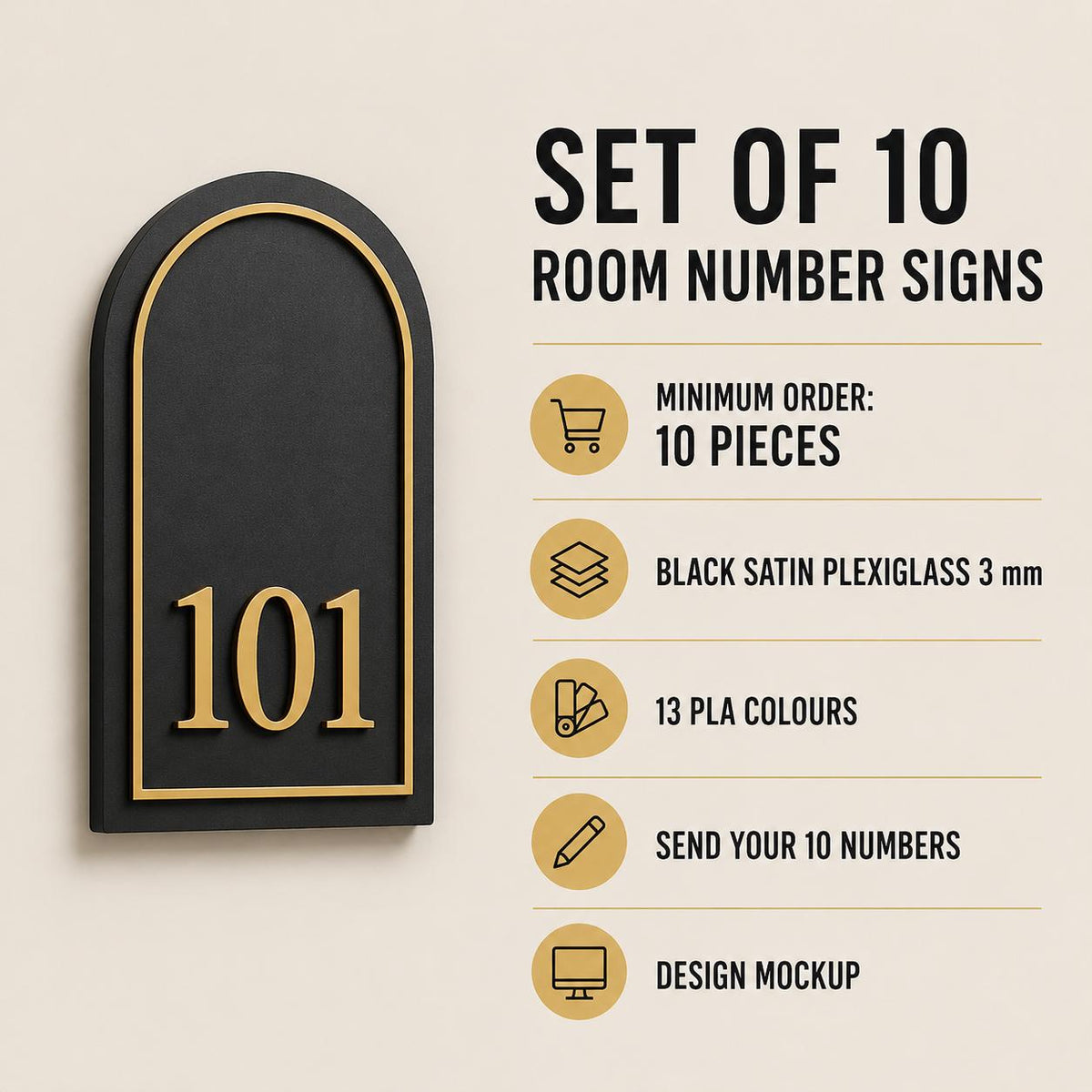 Set da 10 Targhe Numero Camera Personalizzate | Plexiglas Nero Satinato e Numeri 3D in PLA per Hotel e B&B