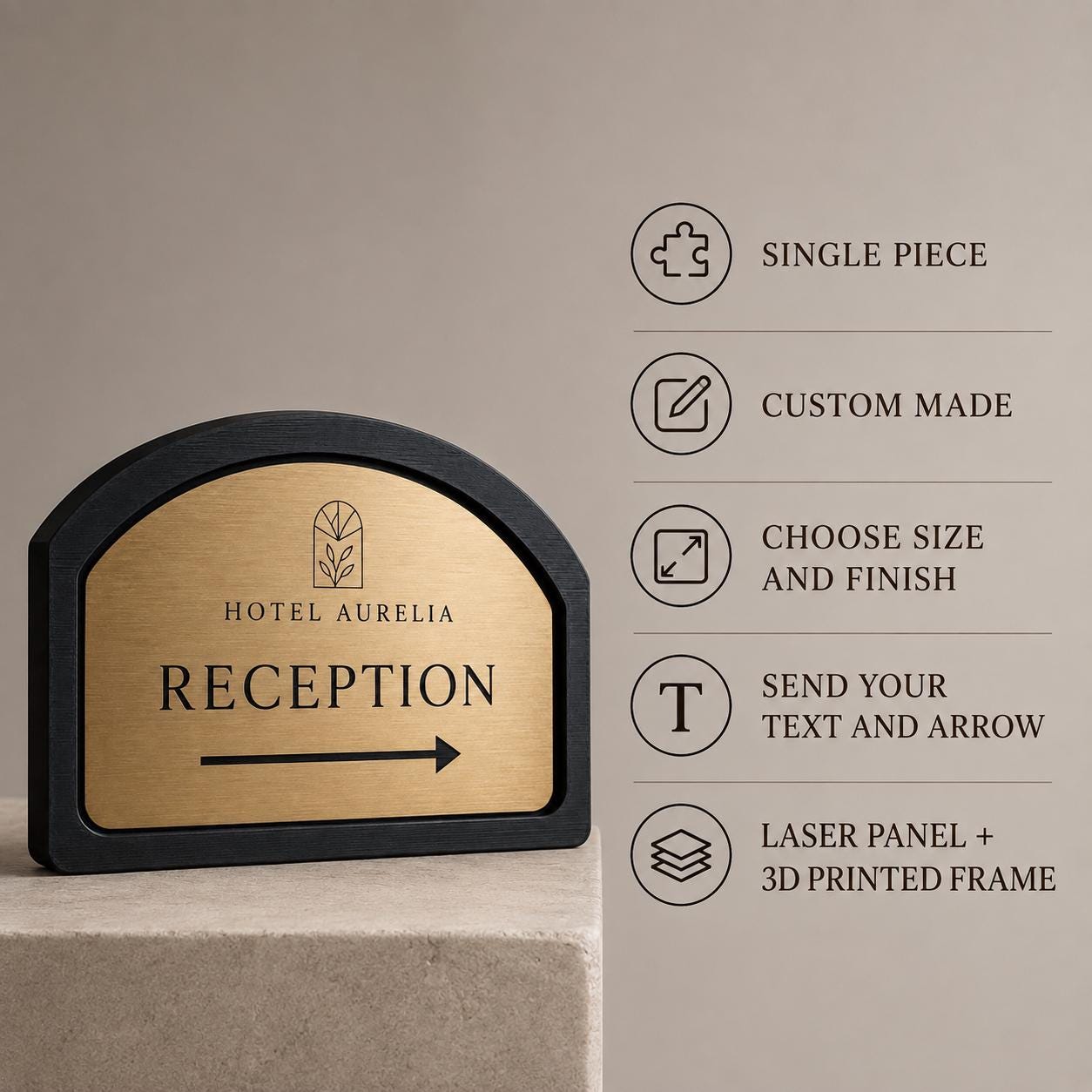 Targa Direzionale Personalizzata Linea Arco | Segnaletica Hotel in Rowmark e PLA 3D | Pezzo Singolo