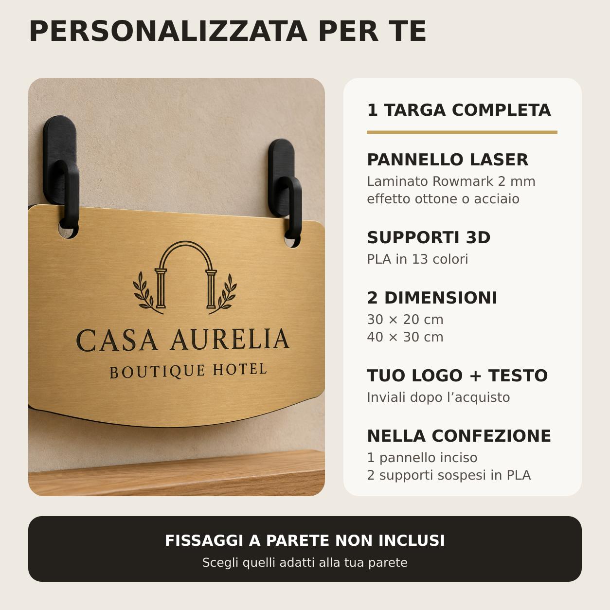 Targa Ingresso Personalizzata Linea Sospesa | Insegna con Nome e Logo per Hotel B&B Ufficio | Rowmark e PLA 3D