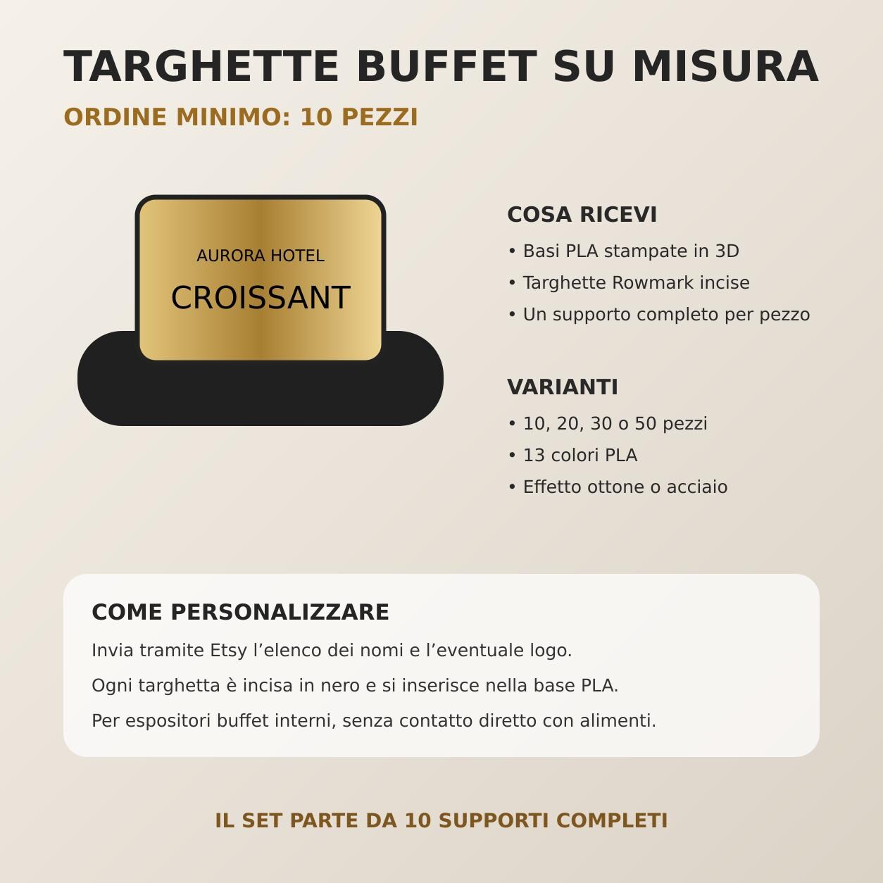 Set da 10 Targhette Buffet Personalizzate | Etichette Modulari per Hotel e Ristoranti | Base PLA 3D e Rowmark Inciso