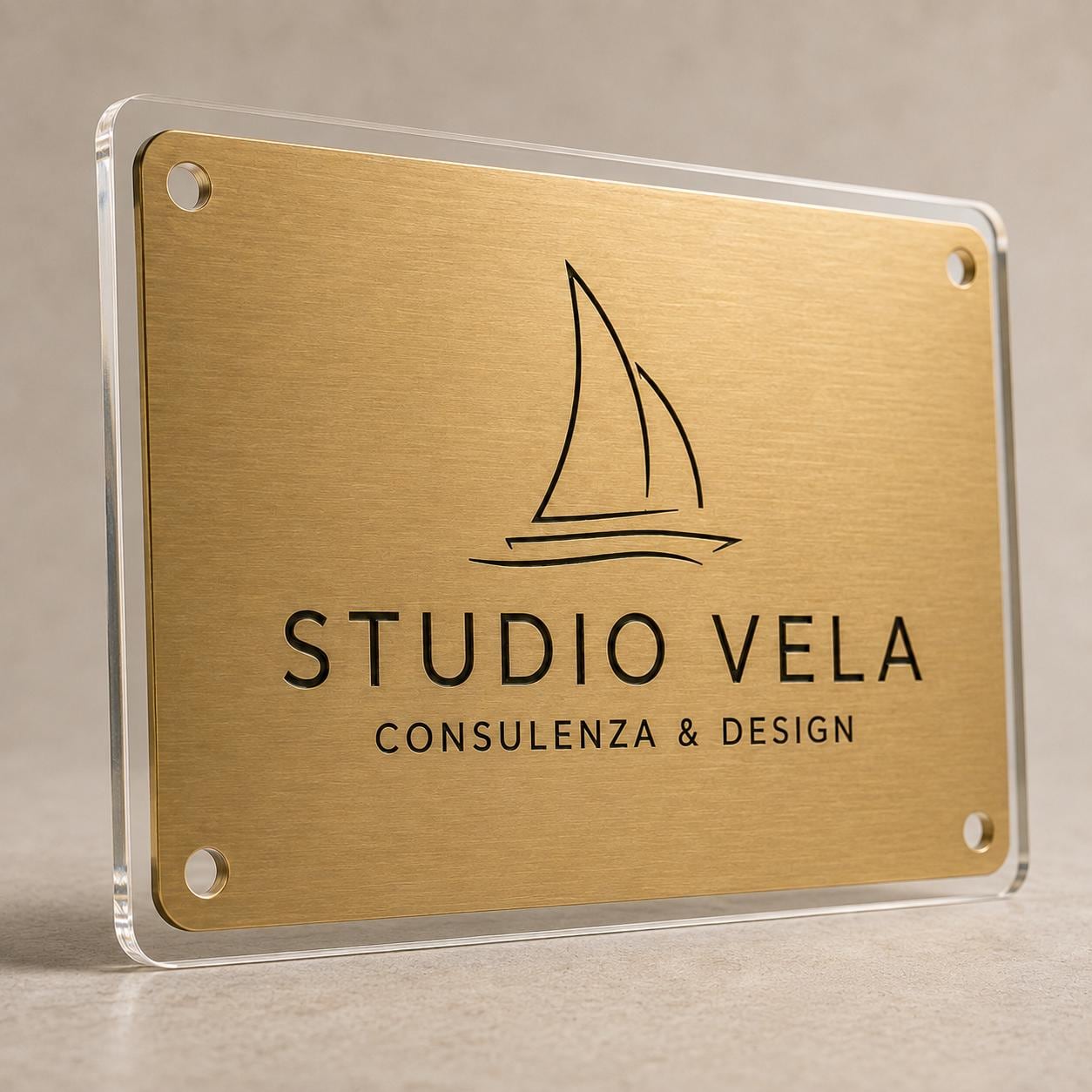 Targa Aziendale Rettangolare Personalizzata | Plexiglas Trasparente e Rowmark ABS | 4 Fori Ø10 mm | Pezzo Singolo