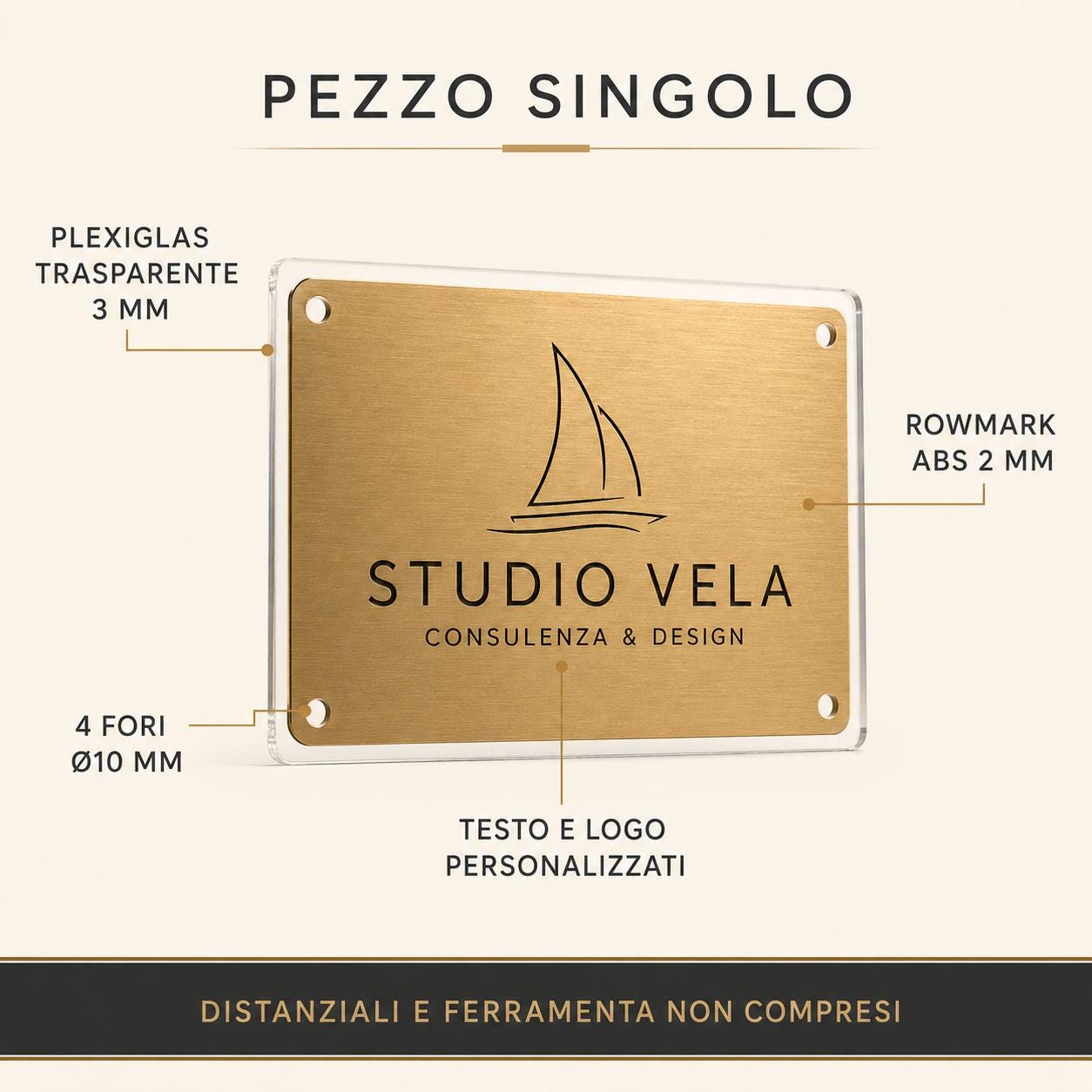 Targa Aziendale Rettangolare Personalizzata | Plexiglas Trasparente e Rowmark ABS | 4 Fori Ø10 mm | Pezzo Singolo