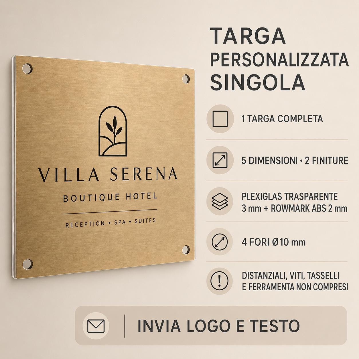 Targa Aziendale Quadrata Personalizzata | Plexiglas Trasparente e Rowmark ABS | 4 Fori Ø10 mm | Pezzo Singolo