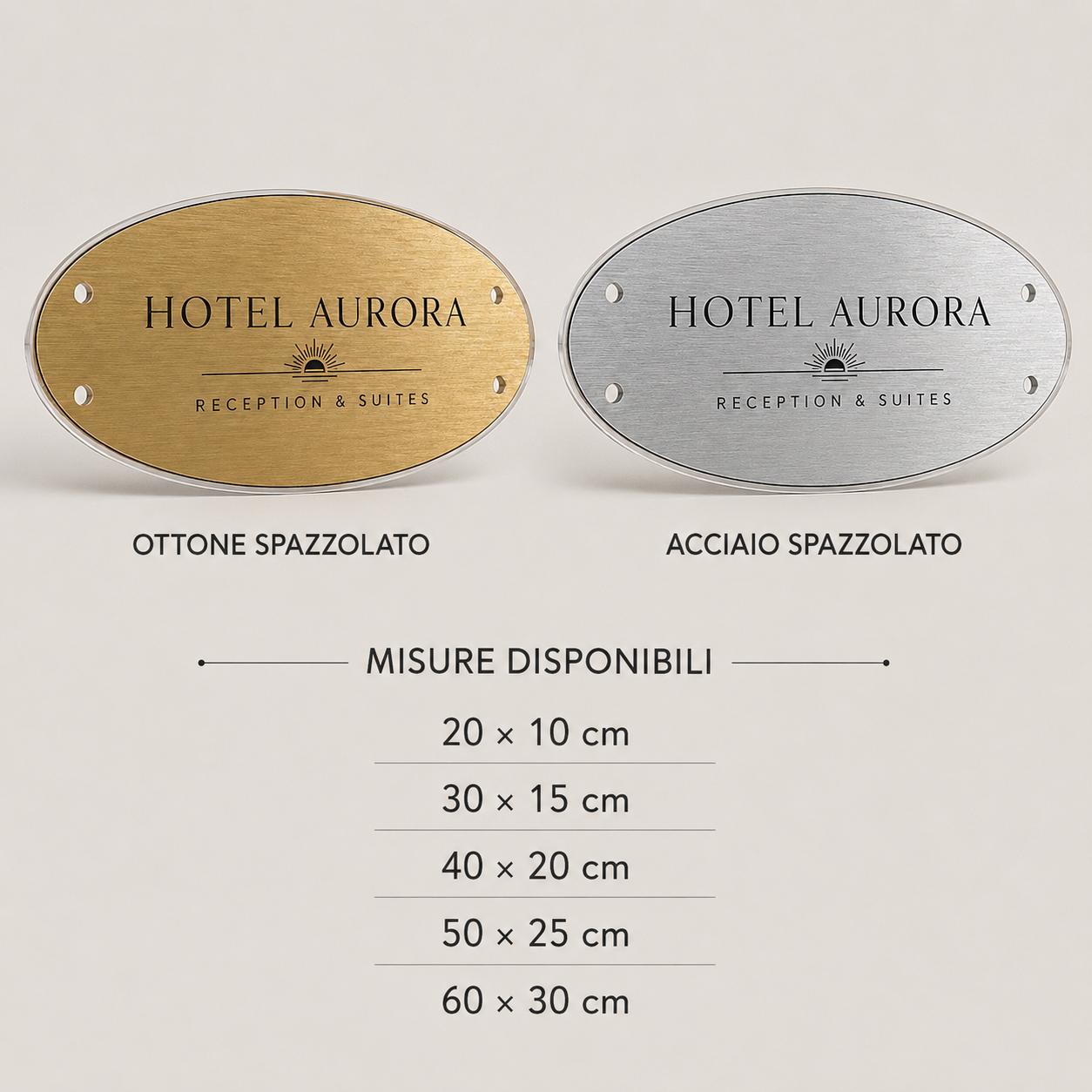 Targa Aziendale Ovale Personalizzata | Plexiglas Trasparente e Rowmark ABS | 4 Fori Ø10 mm | Pezzo Singolo