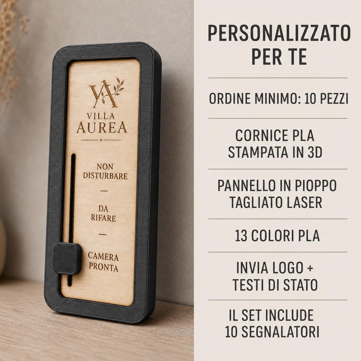 Set da 10 Segnalatori Stato Camera Hotel Personalizzati | Non Disturbare, Da Rifare, Camera Pronta | Legno e Stampa 3D