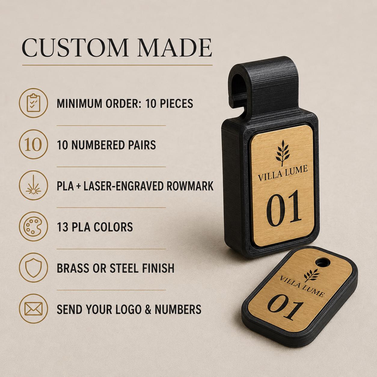 Set da 10 Coppie Numerate Guardaroba Personalizzate | Gettoni e Clip in PLA e Rowmark per Hotel e Ristoranti