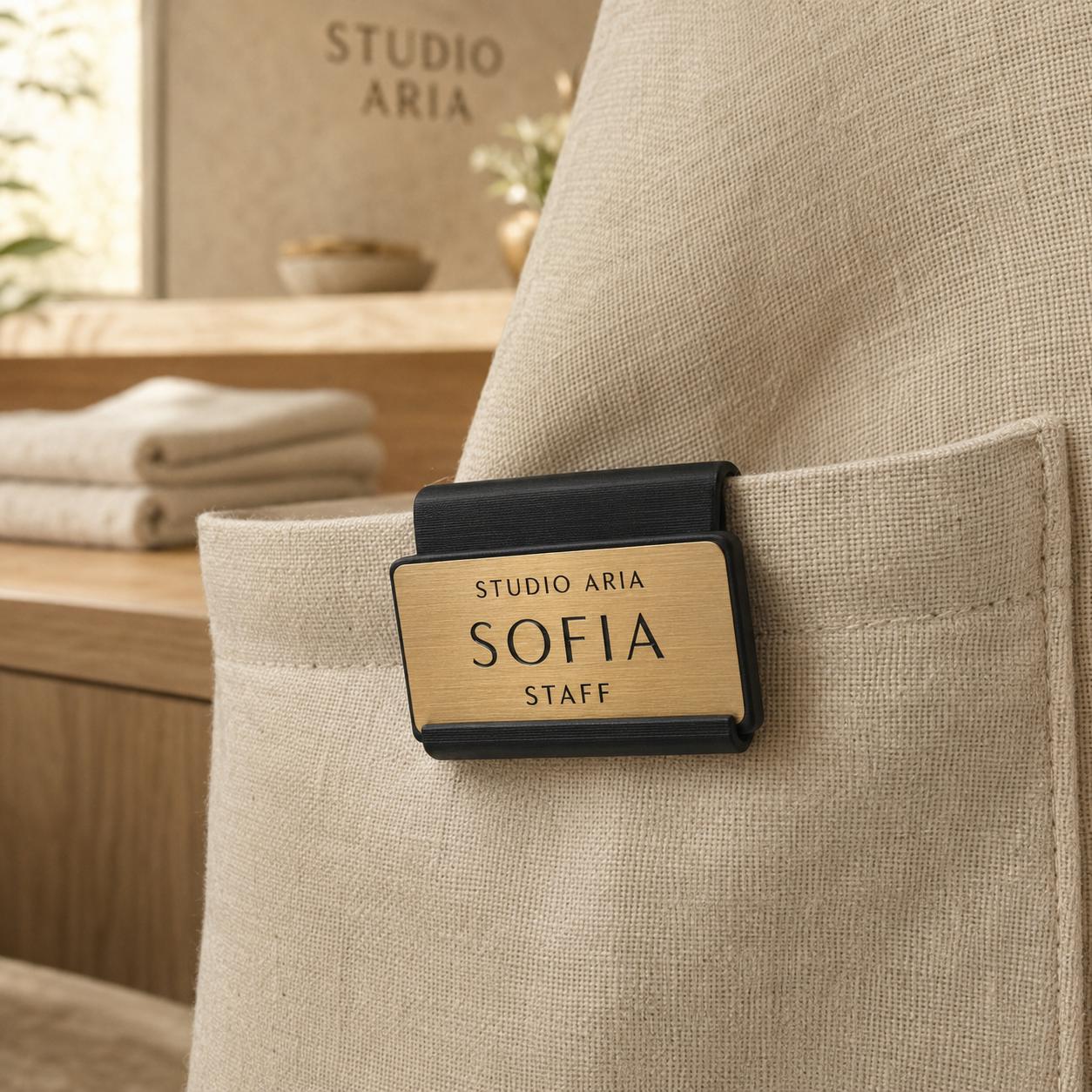 Set da 10 Badge Staff Personalizzati | Clip da Grembiule in PLA e Rowmark per Spa e Locali