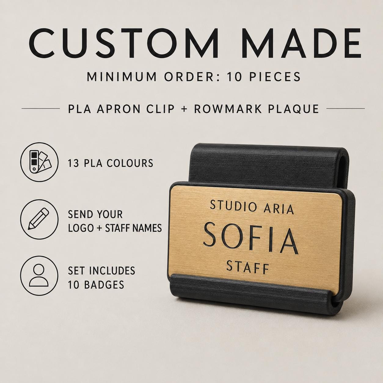 Set da 10 Badge Staff Personalizzati | Clip da Grembiule in PLA e Rowmark per Spa e Locali