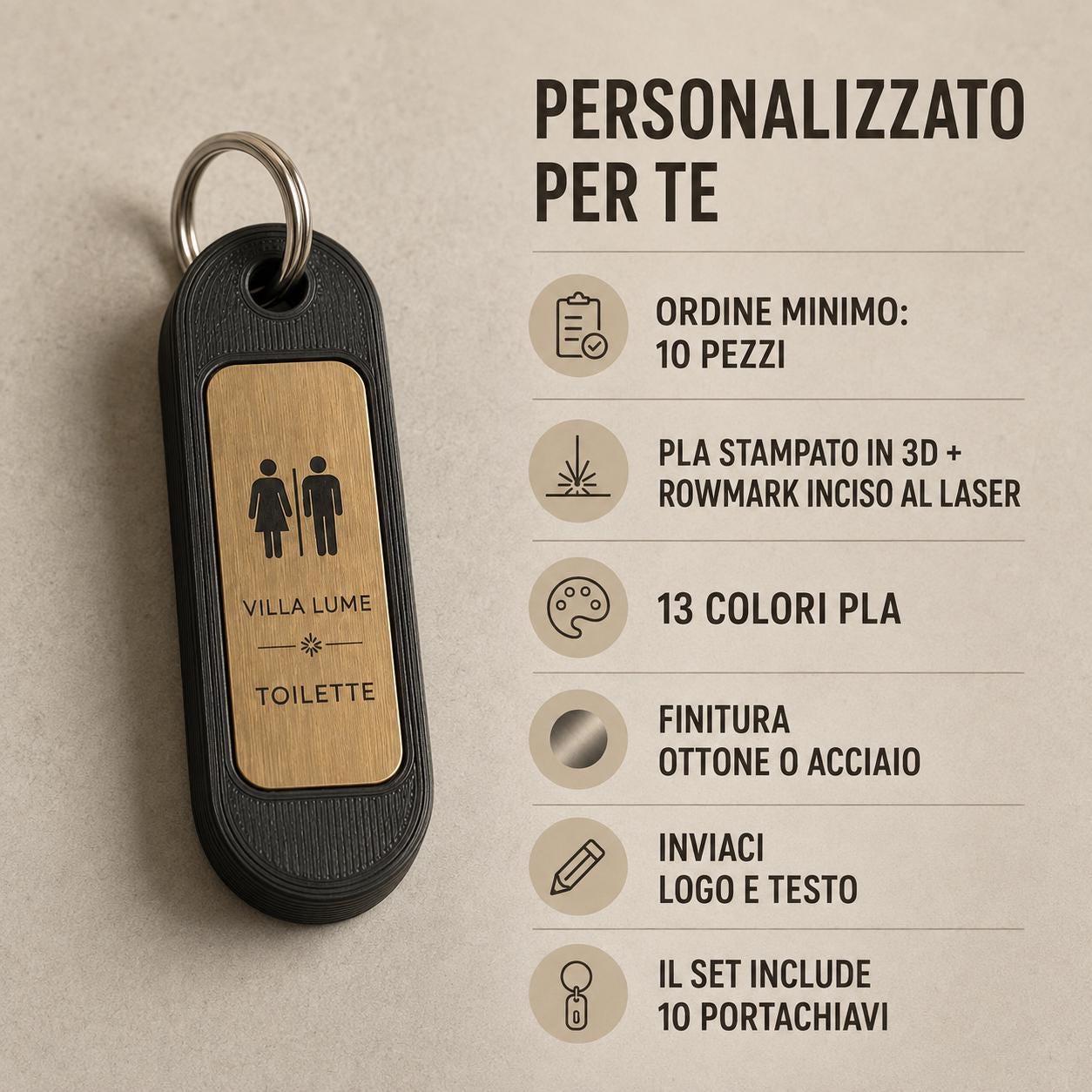 Set da 10 Portachiavi Toilette Personalizzati | PLA e Rowmark per Bar Ristoranti e Locali