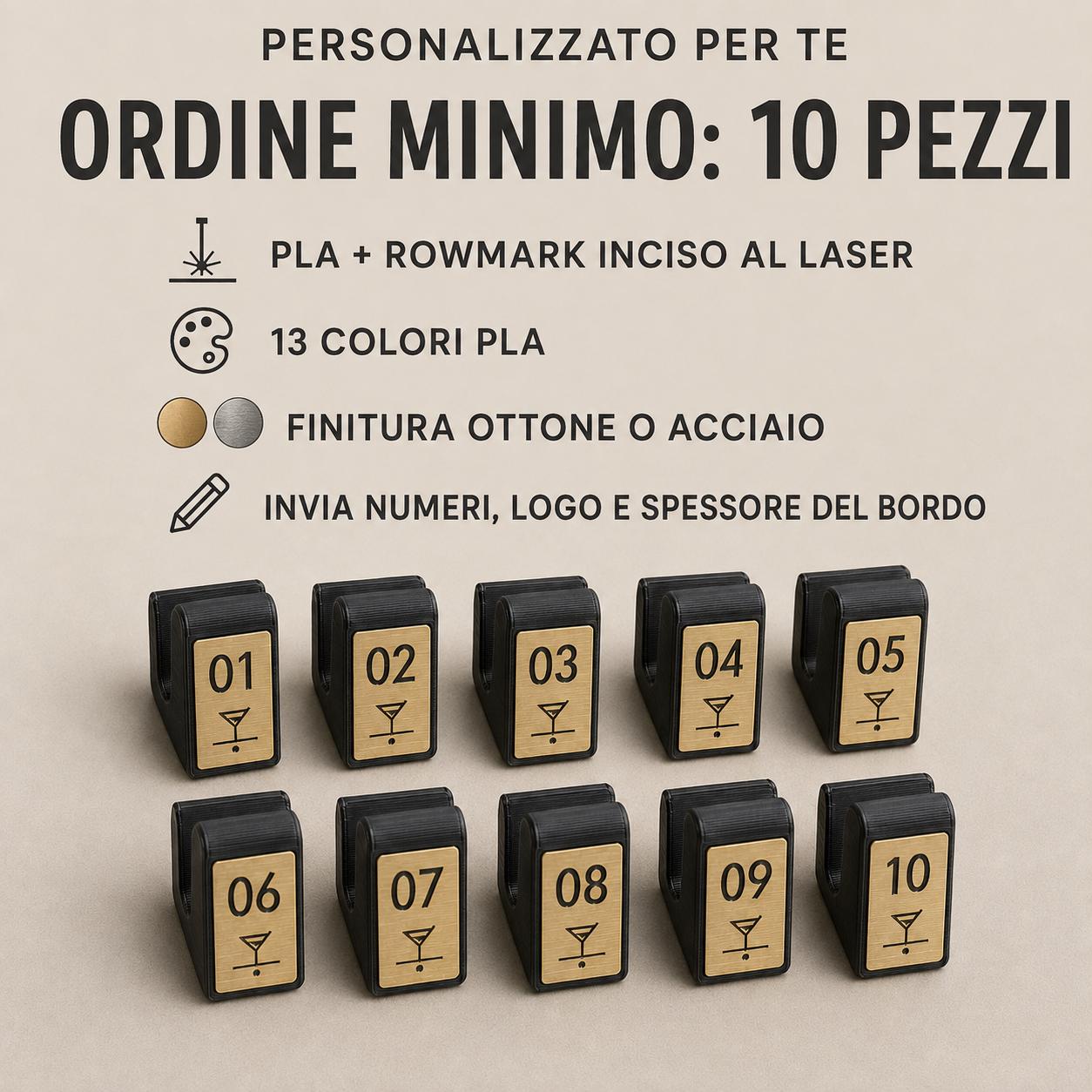 Set da 10 Marcatori Numerati per Vassoi Bar | Clip PLA e Rowmark per Cocktail e Servizio