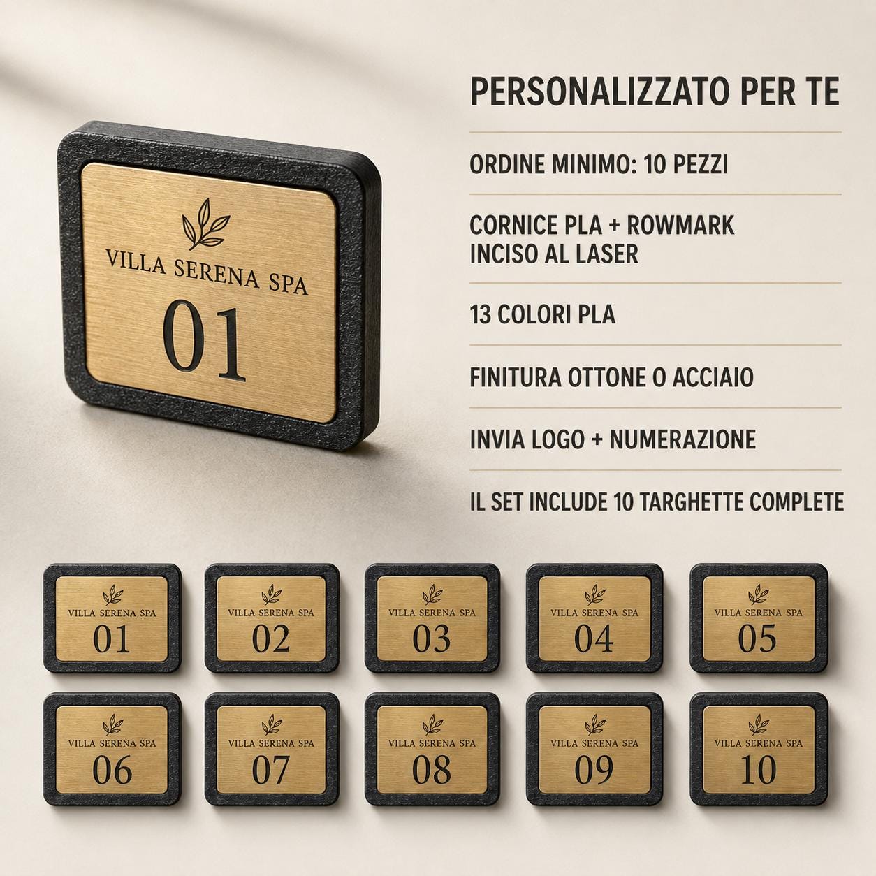 Set da 10 Targhette Numerate per Armadietti Personalizzate | Cornici PLA e Rowmark per Spa e Hotel
