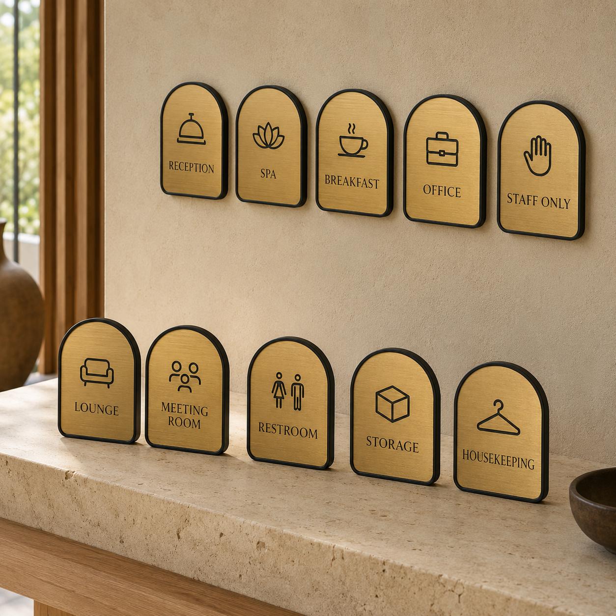 Set da 10 Targhe per Porte e Ambienti Personalizzate in Rowmark e PLA per Hotel Uffici Ristoranti