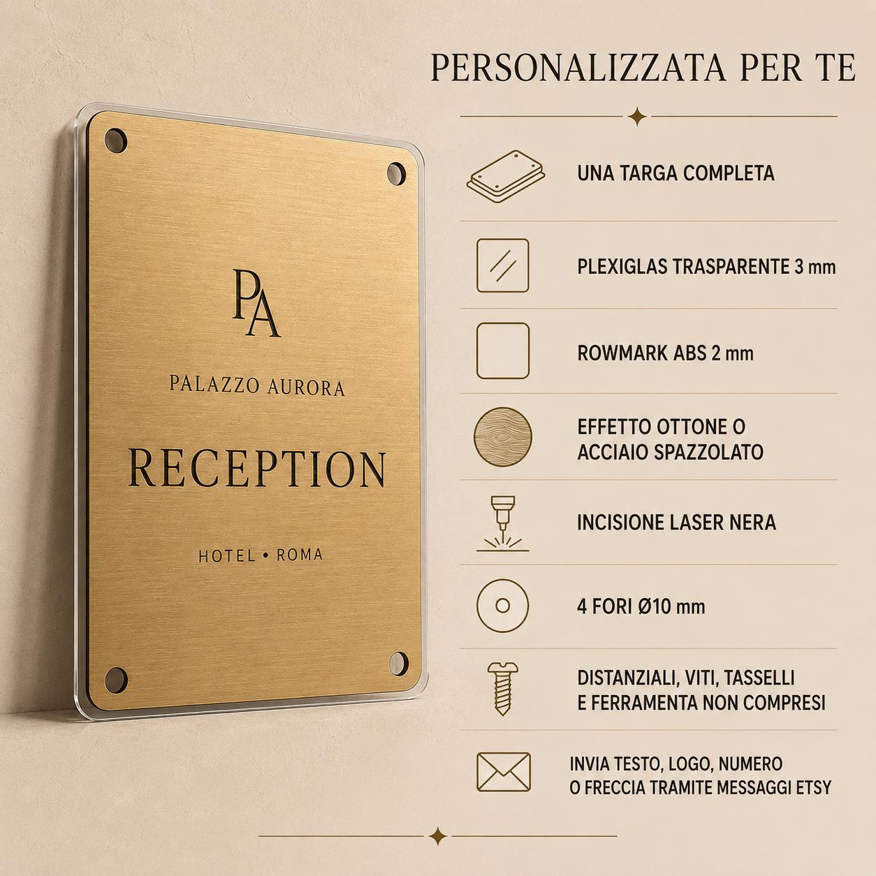 Targa Aziendale Rettangolare Verticale Personalizzata | Plexiglas e Rowmark ABS | 4 Fori Ø10 mm | Pezzo Singolo