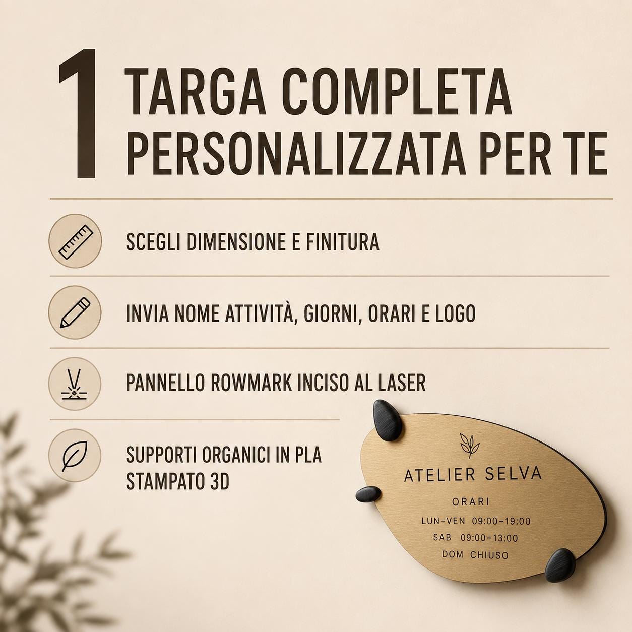 Targa Orari Personalizzata Linea Organica | Insegna Apertura per Hotel Ristorante Spa | Rowmark e PLA 3D