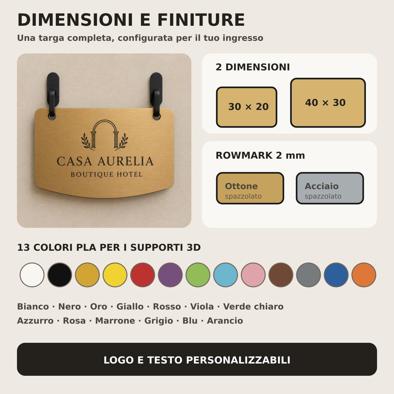 Targa Ingresso Personalizzata Linea Sospesa | Insegna con Nome e Logo per Hotel B&B Ufficio | Rowmark e PLA 3D