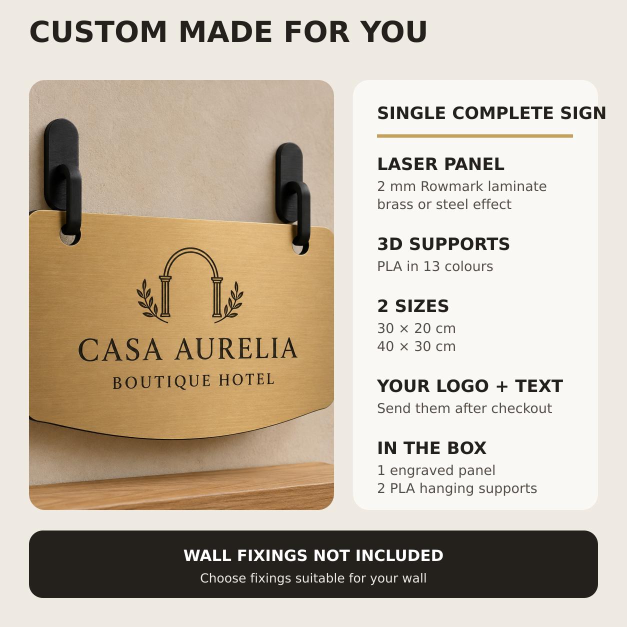Targa Ingresso Personalizzata Linea Sospesa | Insegna con Nome e Logo per Hotel B&B Ufficio | Rowmark e PLA 3D