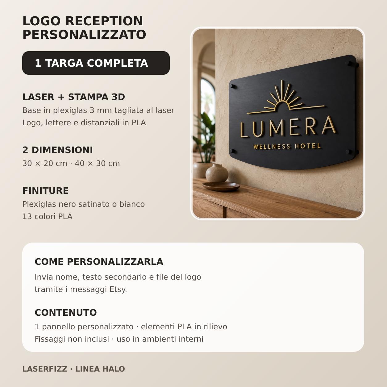 Logo Reception Personalizzato Linea Halo | Insegna con Logo e Lettere 3D per Hotel Spa Ufficio | Plexiglas e PLA