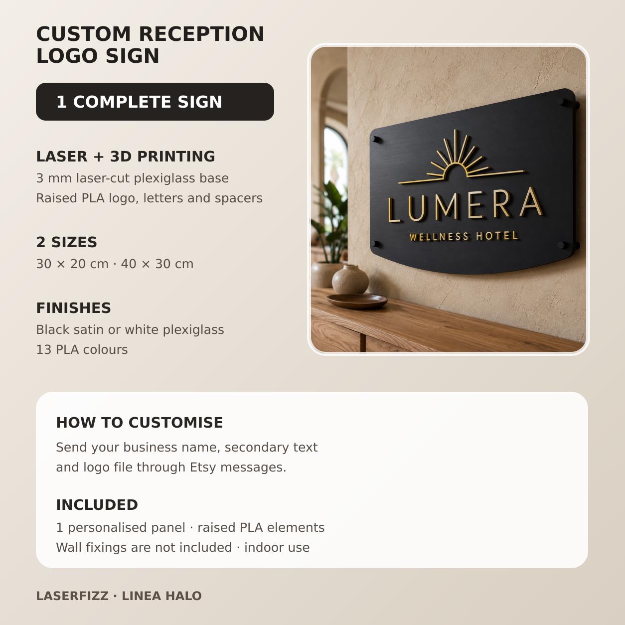 Logo Reception Personalizzato Linea Halo | Insegna con Logo e Lettere 3D per Hotel Spa Ufficio | Plexiglas e PLA