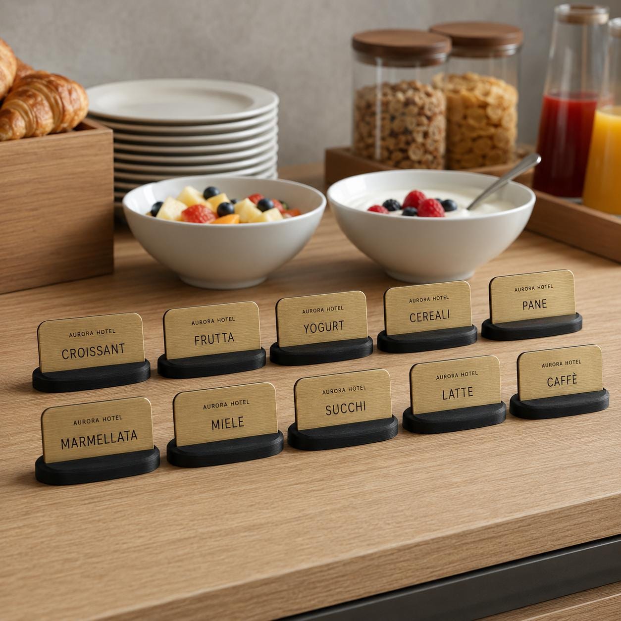 Set da 10 Targhette Buffet Personalizzate | Etichette Modulari per Hotel e Ristoranti | Base PLA 3D e Rowmark Inciso